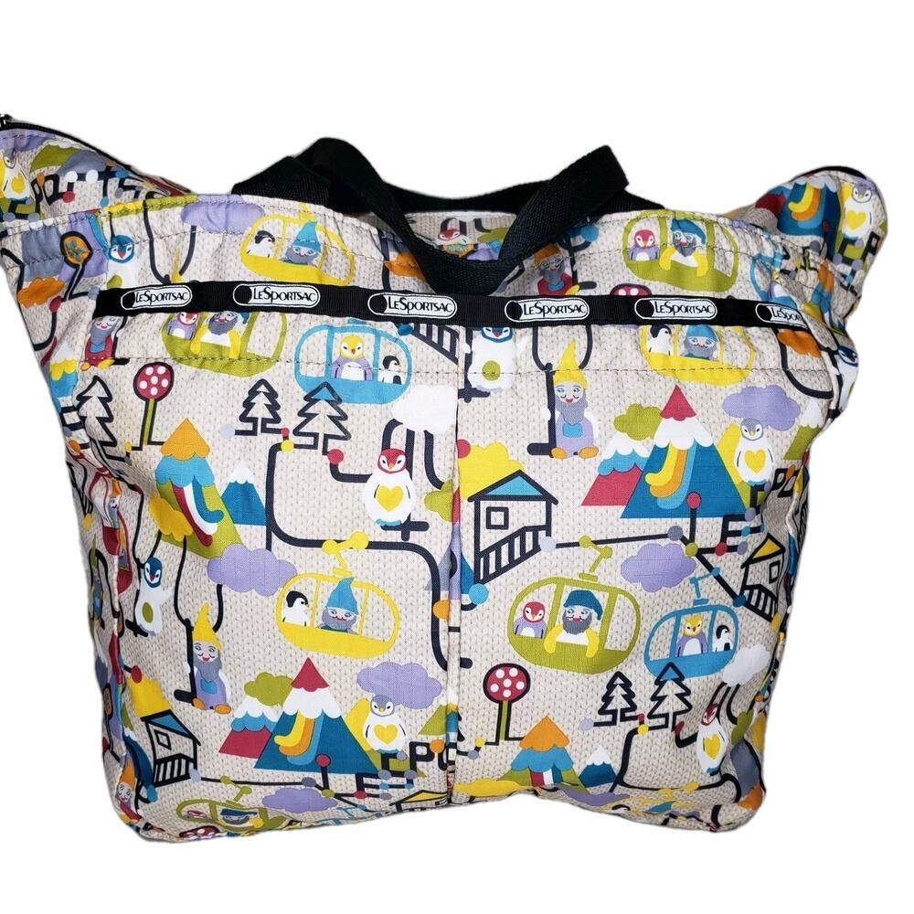 LeSportsac ZIP Tote Bag Large Winter Pinguins Christmas Trees Print 16" x 14"